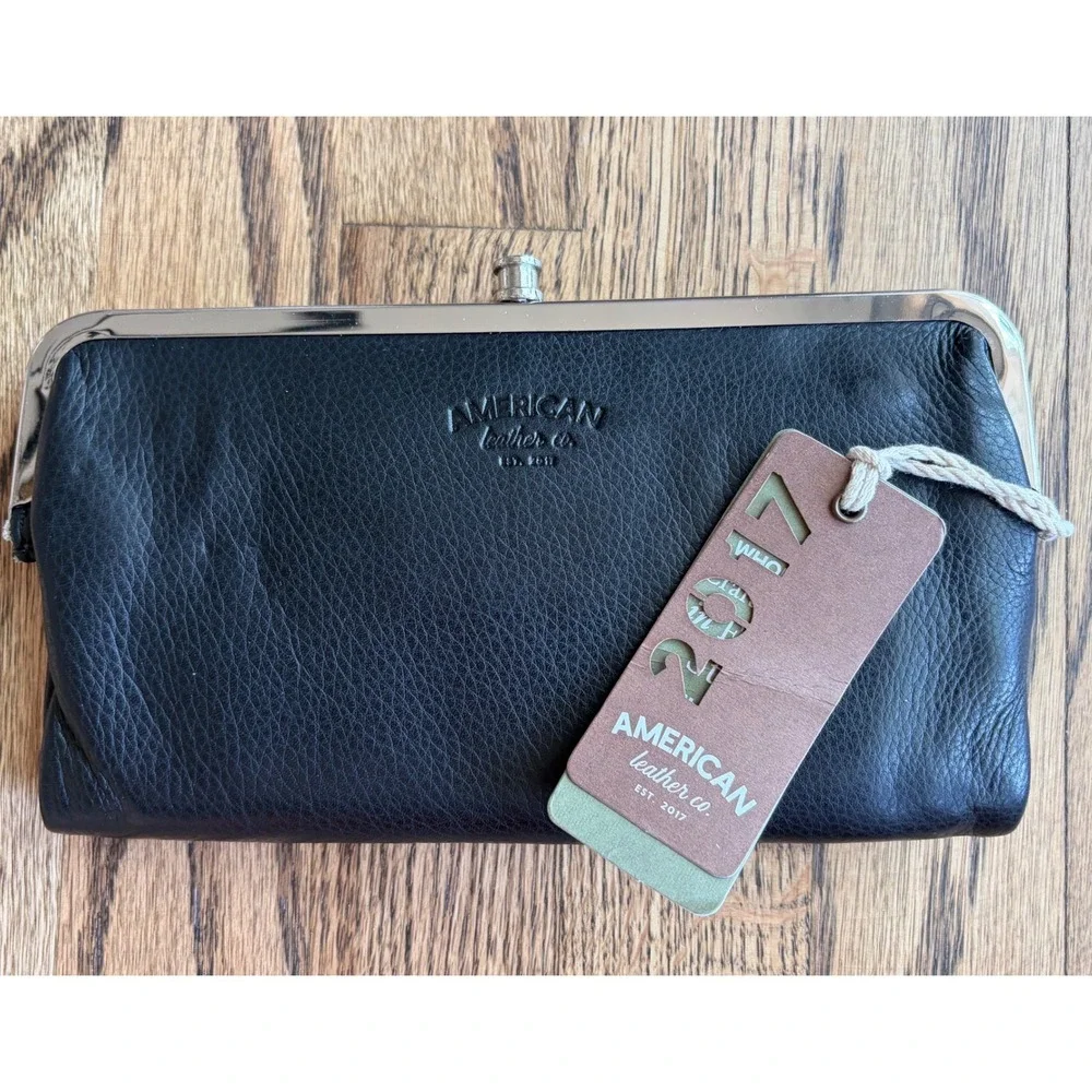 American Leather Co Annapolis Frame Wallet Clutch Black Leather ALC2665SF NEW